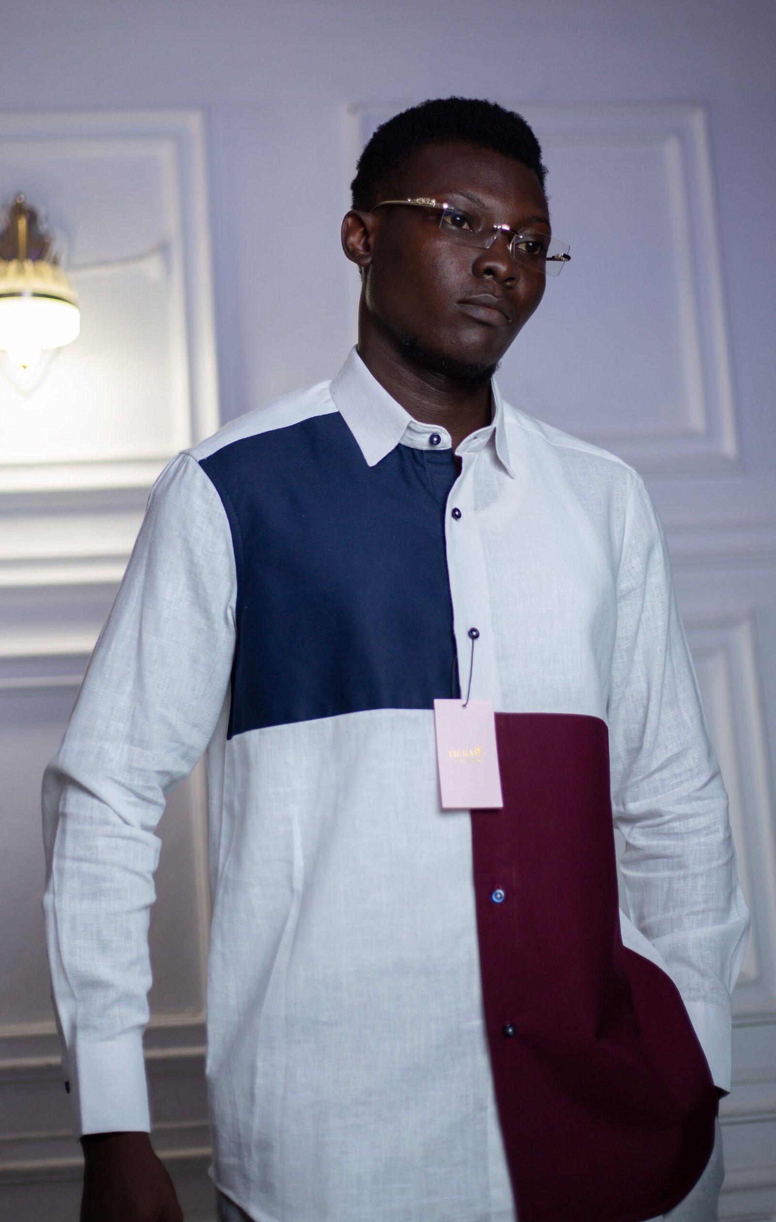 Chemise homme blanche bicolore bleu canard & bordeaux