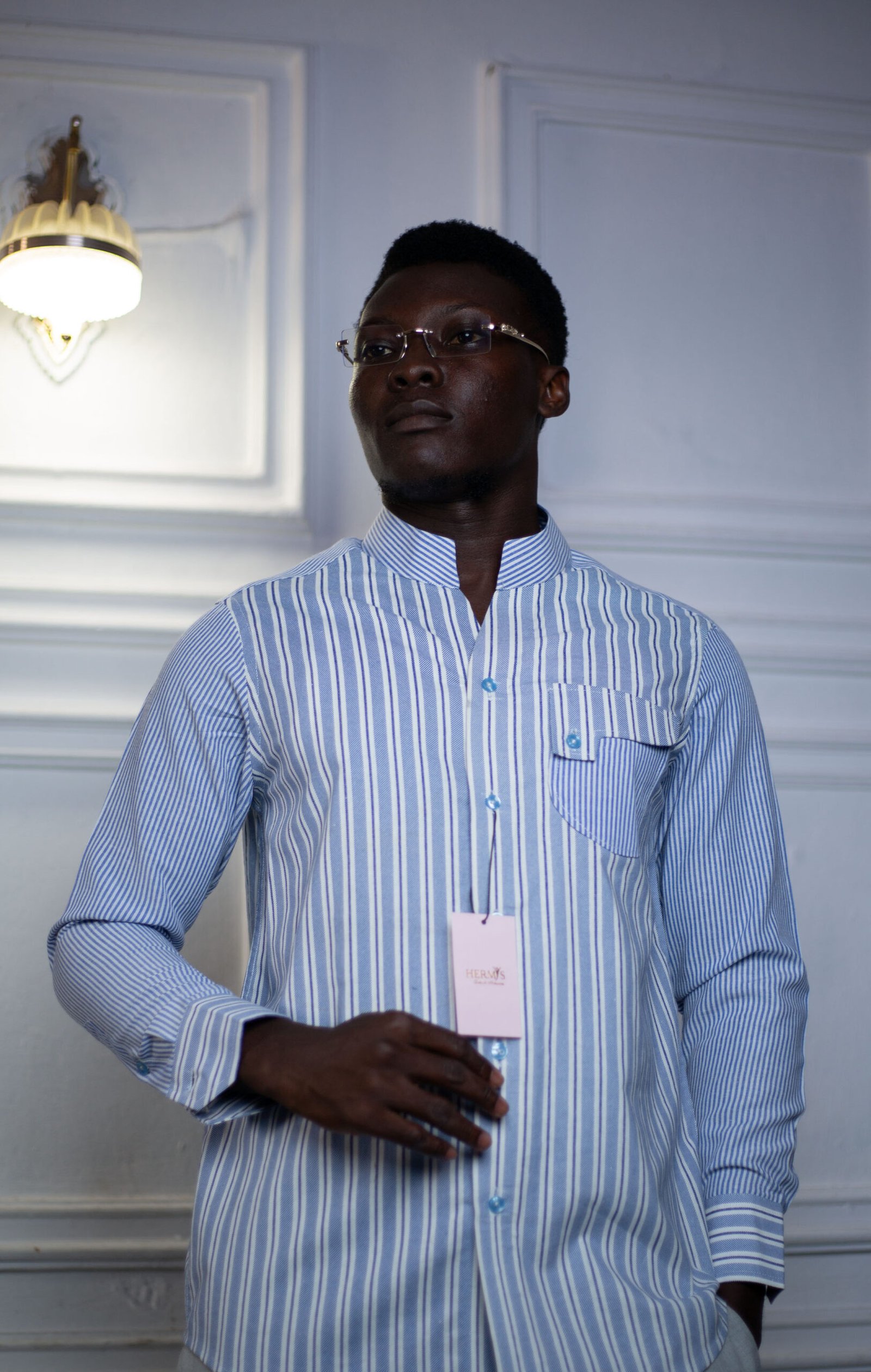 Chemise homme col officier à rayures bleu ciel