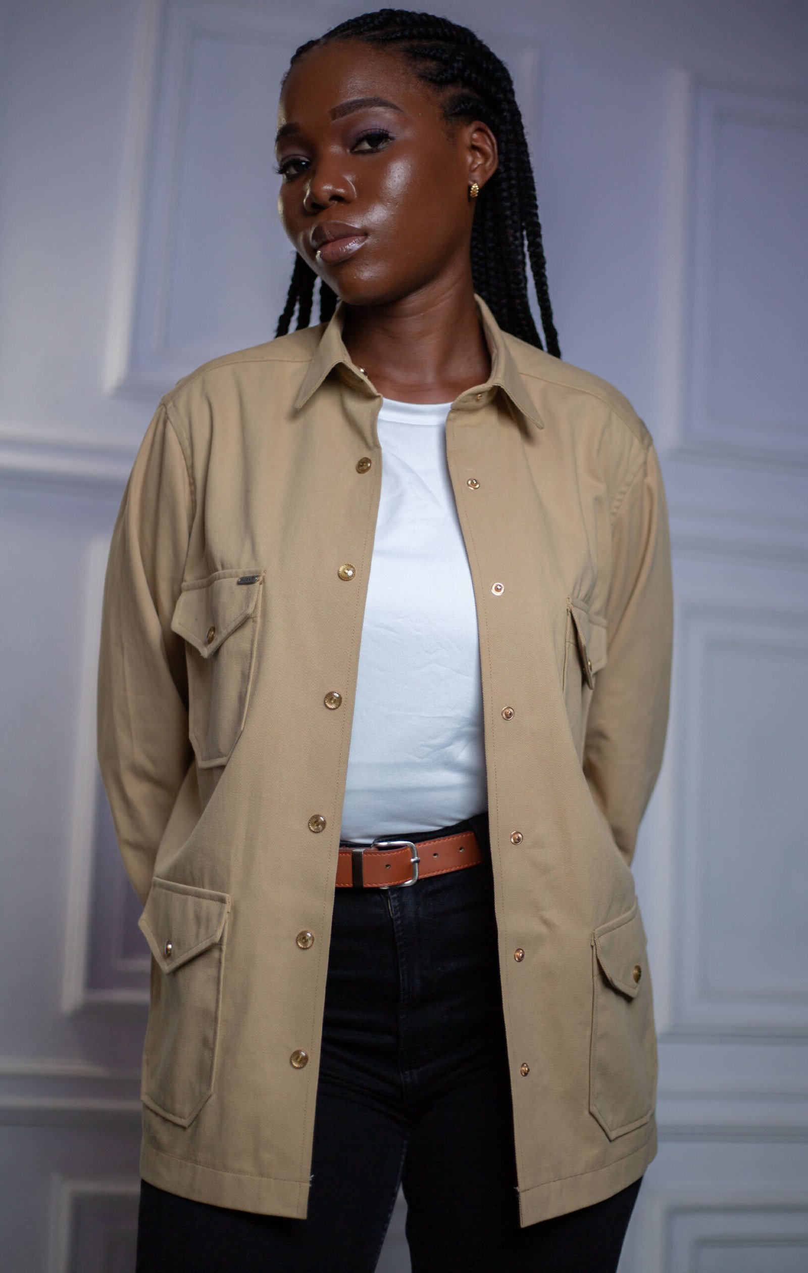 Veste surchemise femme beige sable à 4 poches plaquées