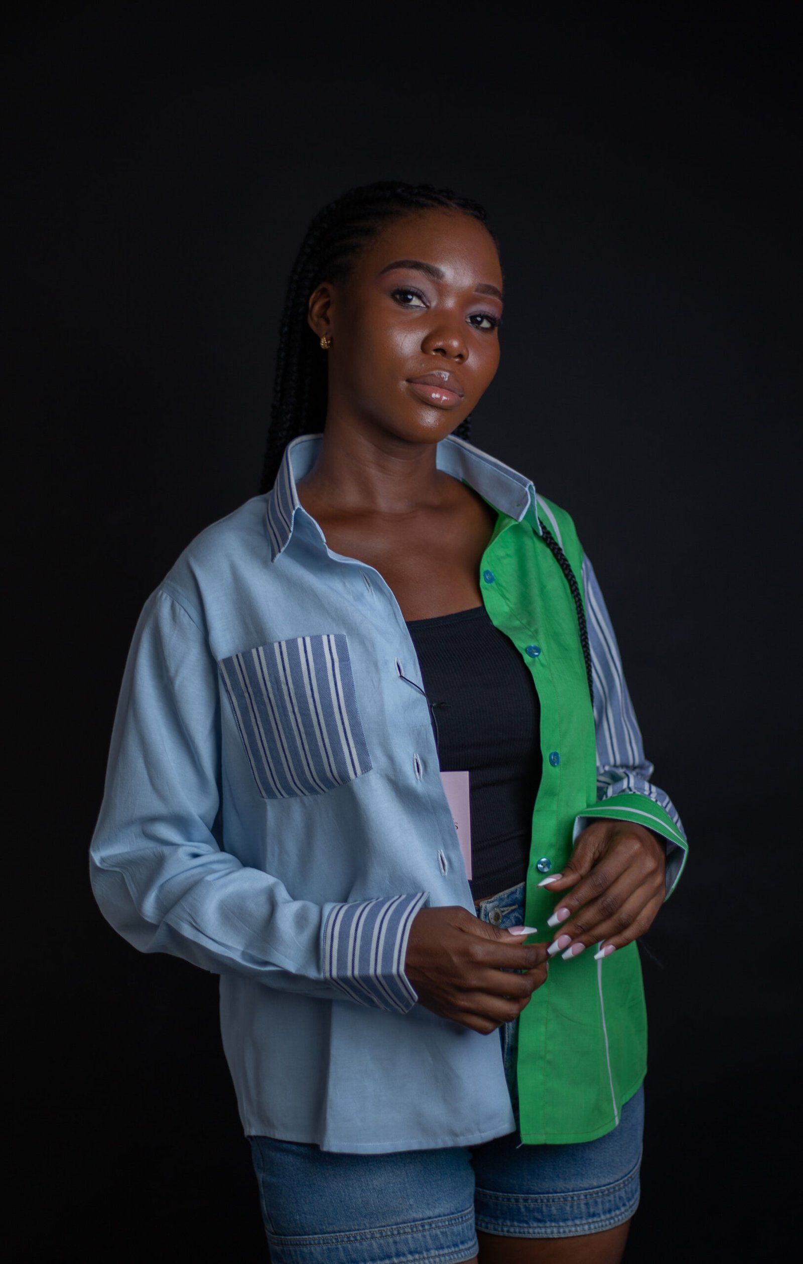 Chemise mixte color-block bleu ciel, vert éclatant & rayures
