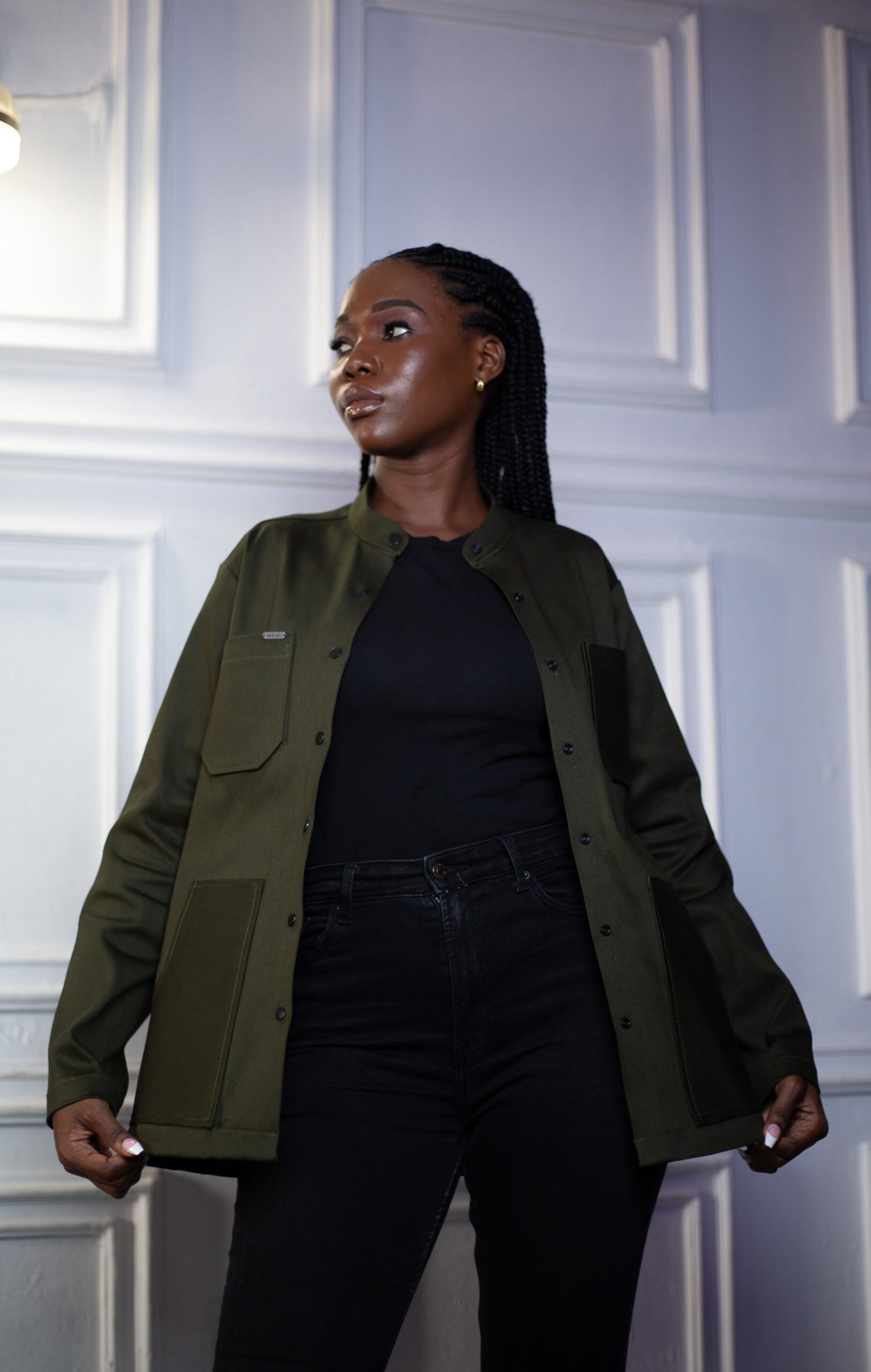 Veste surchemise mixte vert kaki à doublure satinée