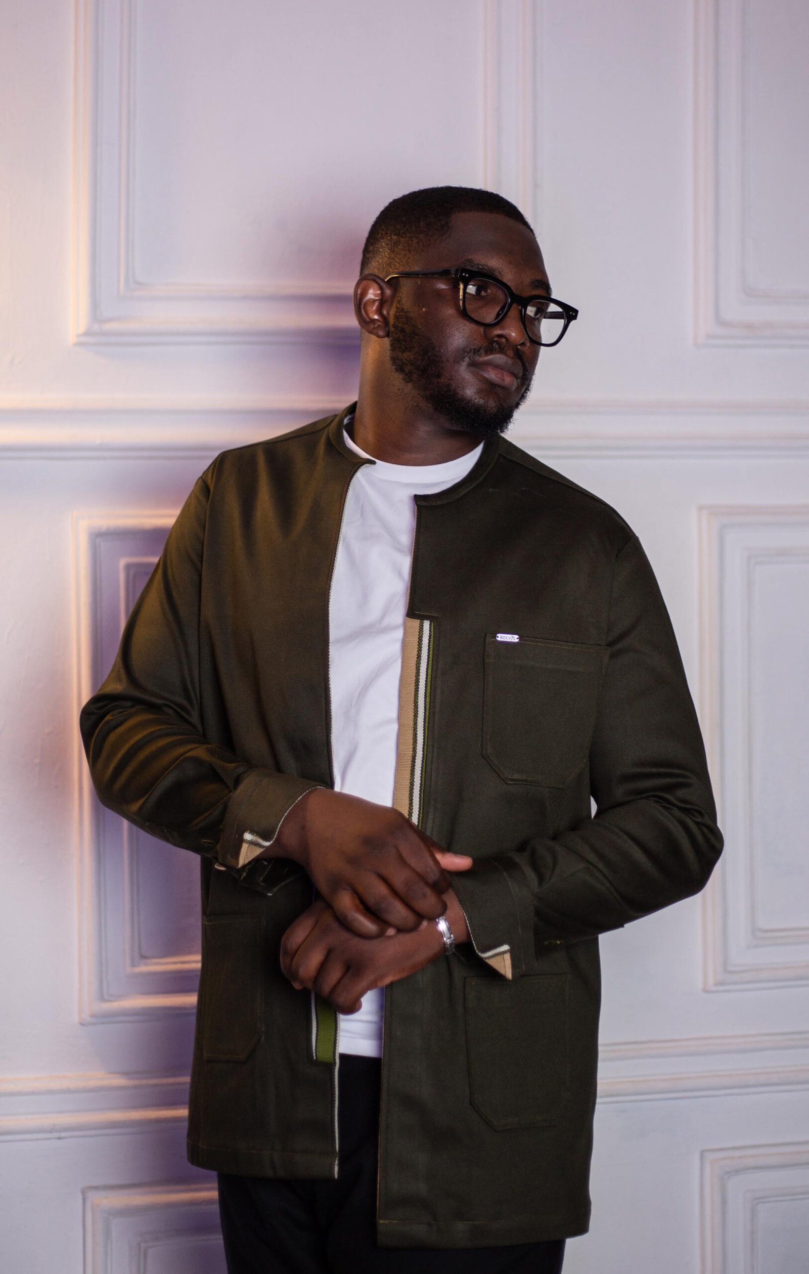 Veste surchemise vert sapin à liséré rayé beige & col officier